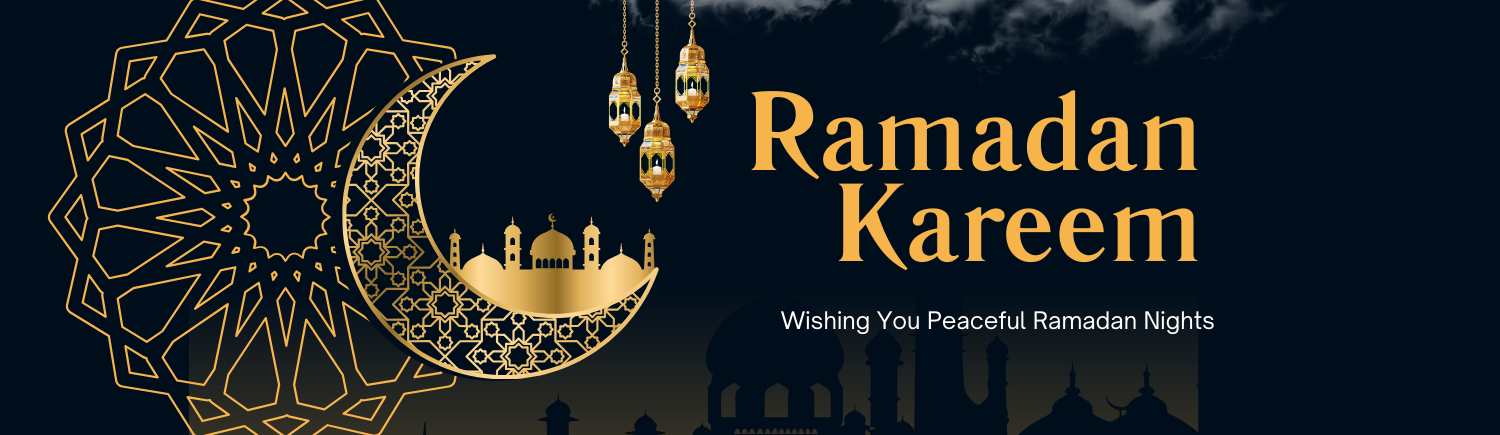 Dark Blue and Orange Modern Ramadan Kareem Banner (1500 x 435 px)