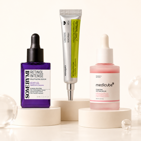 Wrinkles and firming skin renewal routine with Some By Mi Retinol Intense Serum, Celimax Retinal Shot Tightening Booster, and Medicube PDRN Pink Peptide Serum