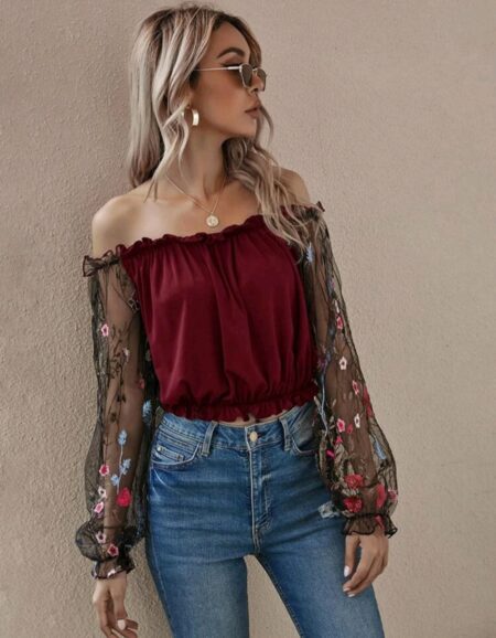 Flower Mesh Embroidered Sleeve Bardot Top