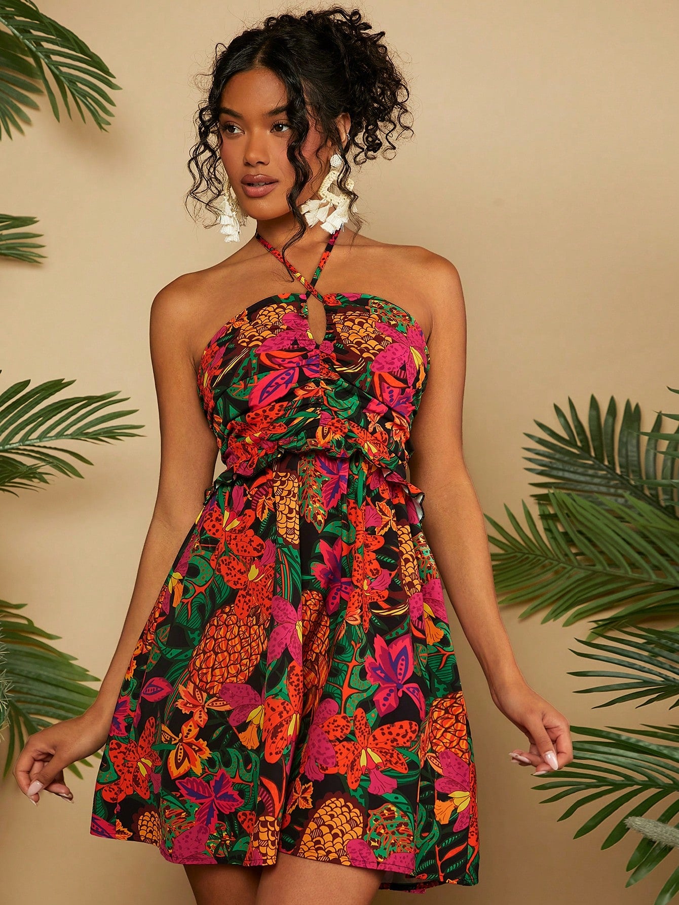 SHEIN TRVLCHIC Vacation Style Fruit & Flower Printed Halter Neck Dress