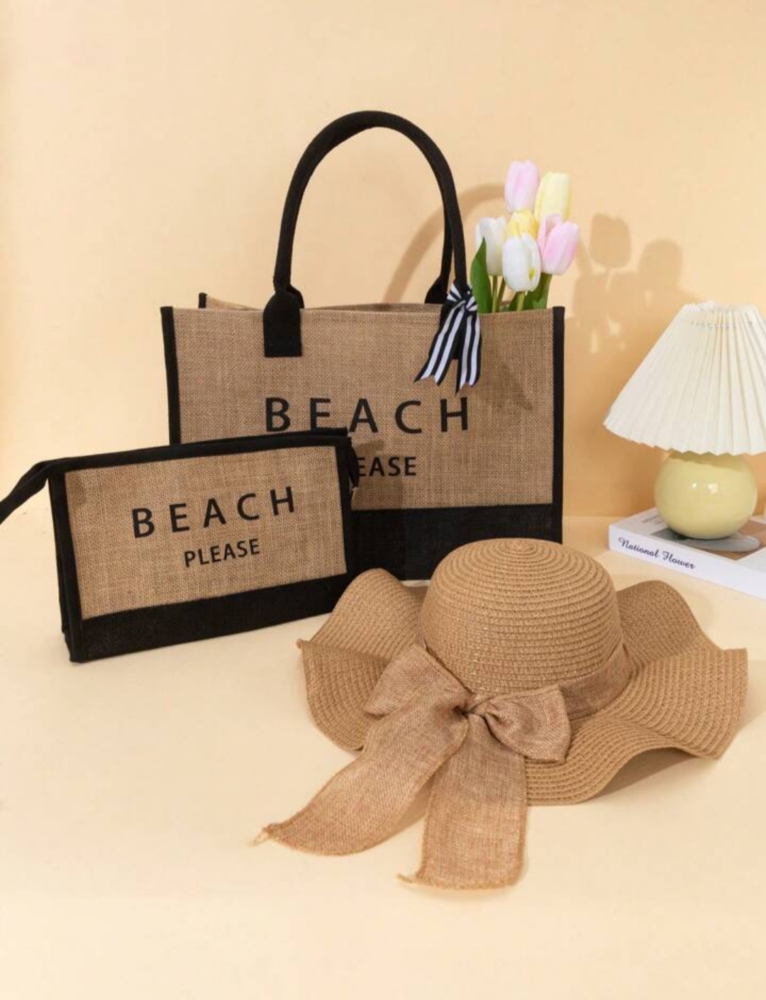Trends3pcs Personalized Bridesmaid Bags & Charm, Burlap Tote Bags, Bridesmaid Gift Bag, Bachelorette Party Bags, Beach Bag, Gift Bags, Bridal Shower Bag, Monogram Beach Tote Bag Ideal Gifts For Her Friends, Women, Rookies & White-Collar Workers For Anniversaries, For HolidayTote Bag Large Ideal Gifts For HerWomen, Fashion Sunshade Wave Sunflower Straw Hat Set