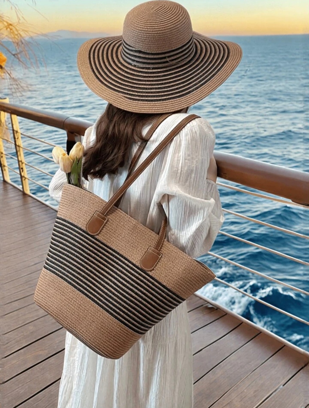 Trends1 Set: 1 Women's Bohemian Style Sun Hat + 1 Shoulder Bag, Vacation Style