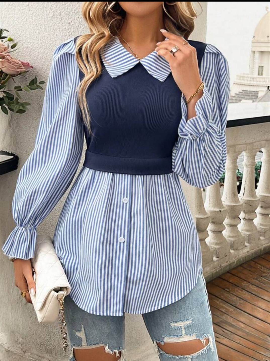 Calvaya Ladies" Fashionable Elegant Blue And White Striped Top Fall Cloth For Women
