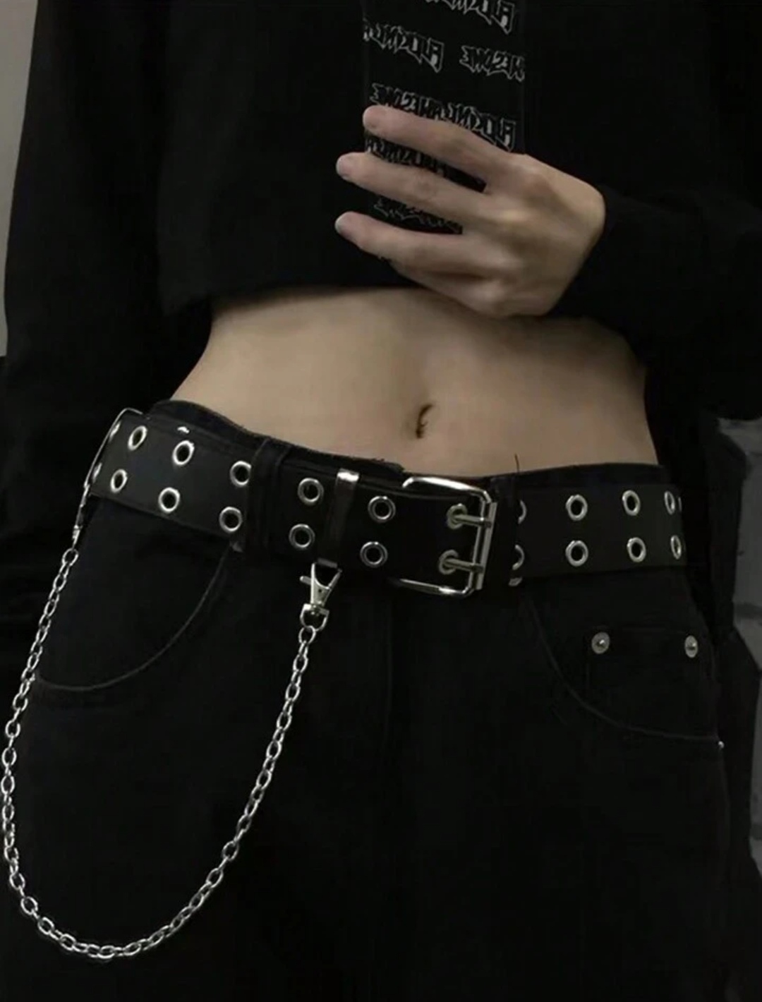 1pc Men's Punk Square Buckle Silver Double Row Eyelet Belt With Chain Decoration Street Harness,School Halloween Summer, School Fall, Autumn, Halloween Autumn-Winter Accessories,Suitable For Teens, Youth,Men,Casual, Outdoor, Athletic, Vacation, Graduation Gifts, Birthday, Daily Wear