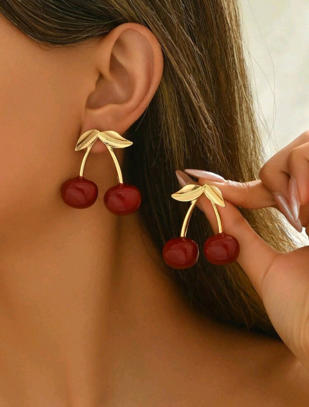 1 Pair Fashionable Cherry Design Elegant Ear Studs, Suitable For Daily Wear For Women