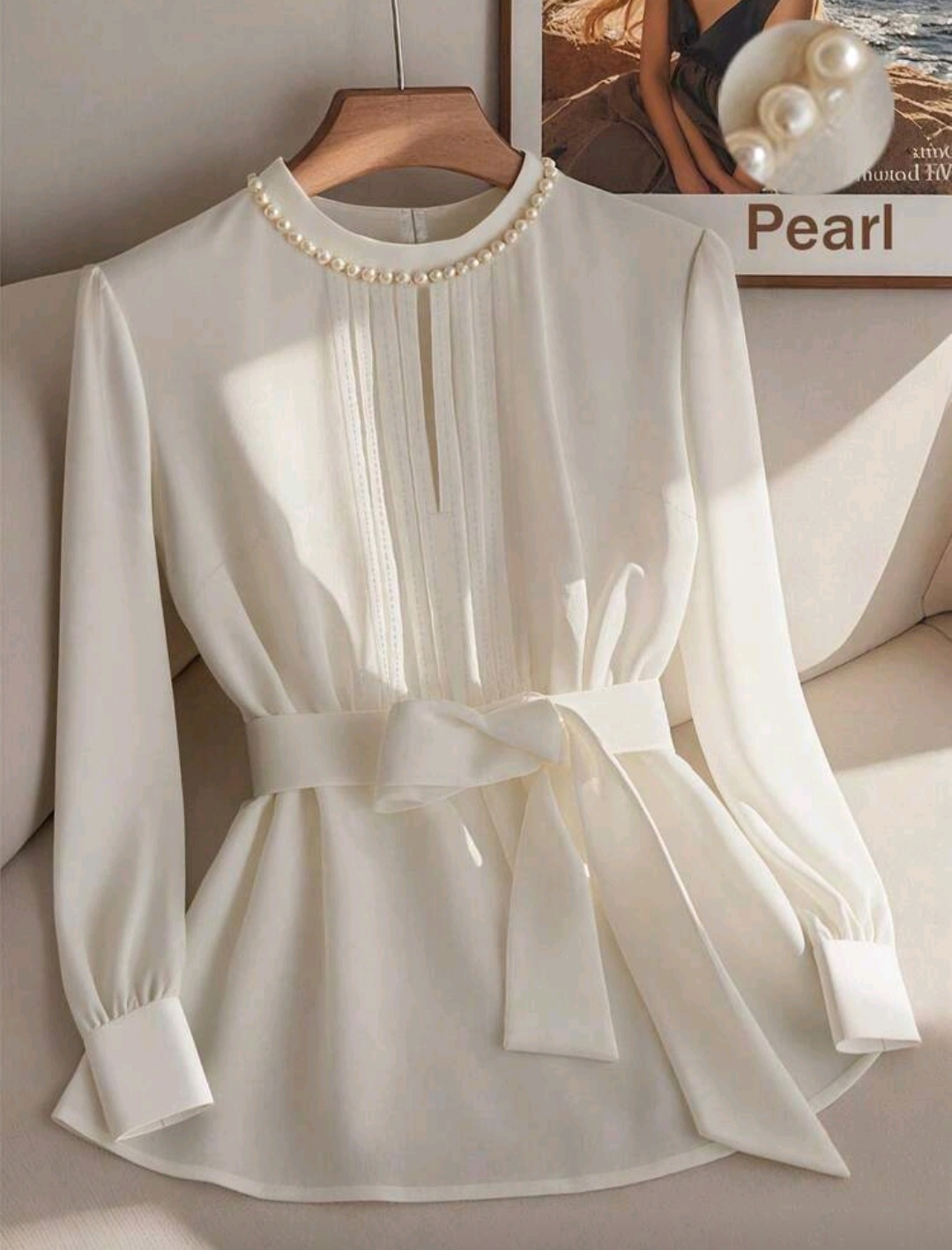 Franclia Women's Elegant Off-White Fall Winter Shirt,Round-Neck Long-Sleeved Hollowed-Out Waist Blouse,Pearl-Decorated Commuting Top For Tea Party And Outing